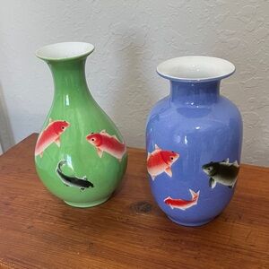 Vintage 1960’s Vibrant Green and Blue Koi Fish Ceramic Accent Vases Rare Find